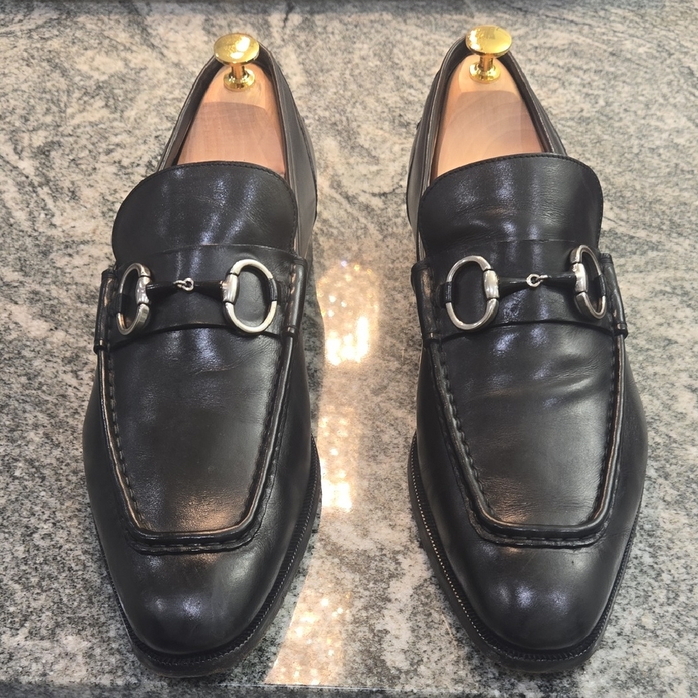 Gucci Black Leather Loafers with Metal Accent